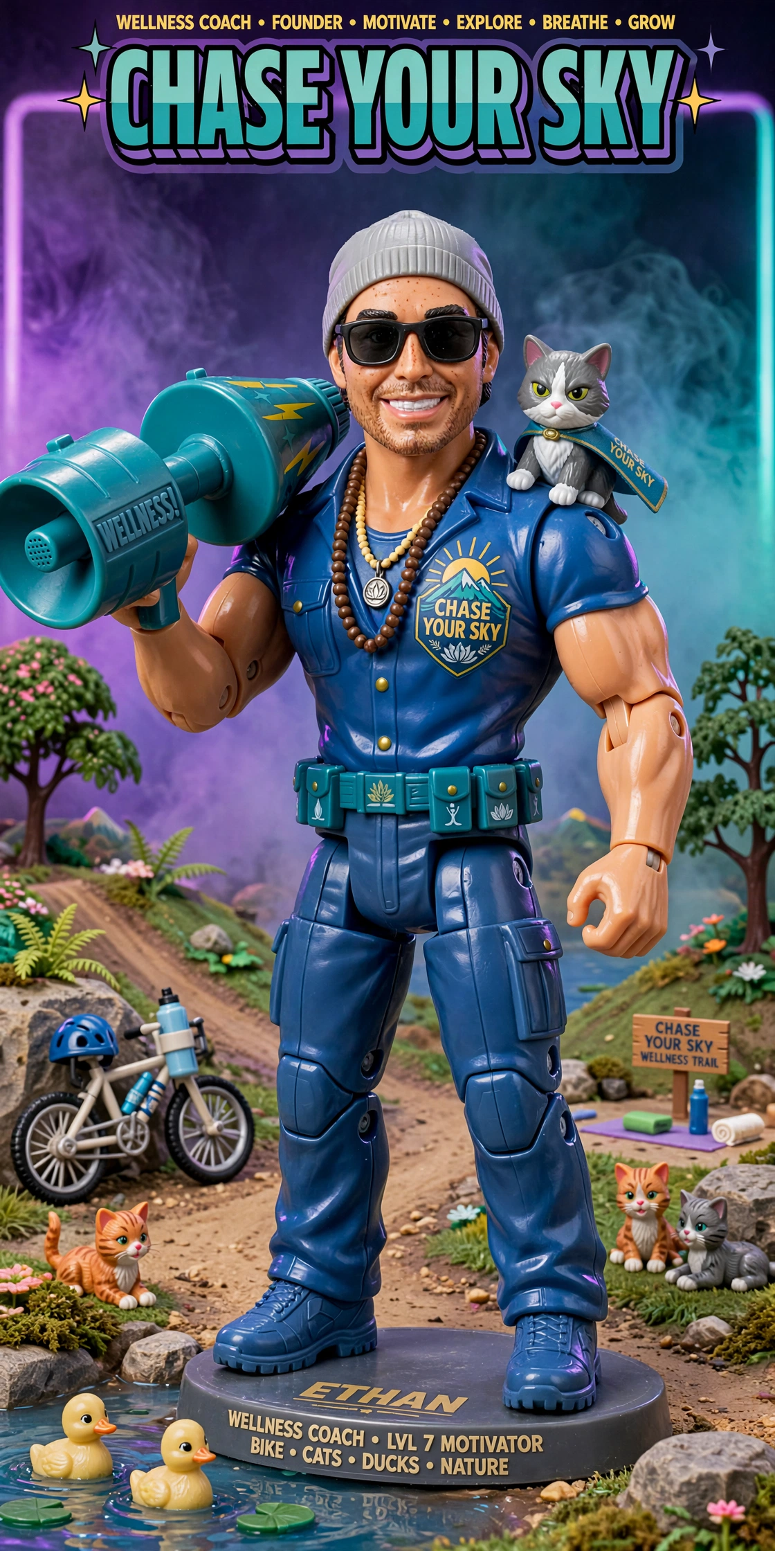 The Duchess riding shoulder-mounted on a Chase Your Sky action figure, wearing her own sash